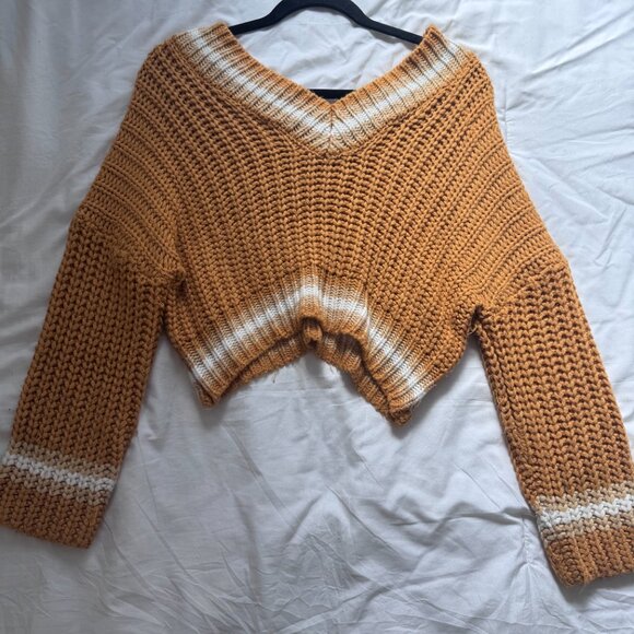 Sage Avery Mustard Yellow and White Striped Cropped Knot Sweater - Size Medium - Picture 3 of 6